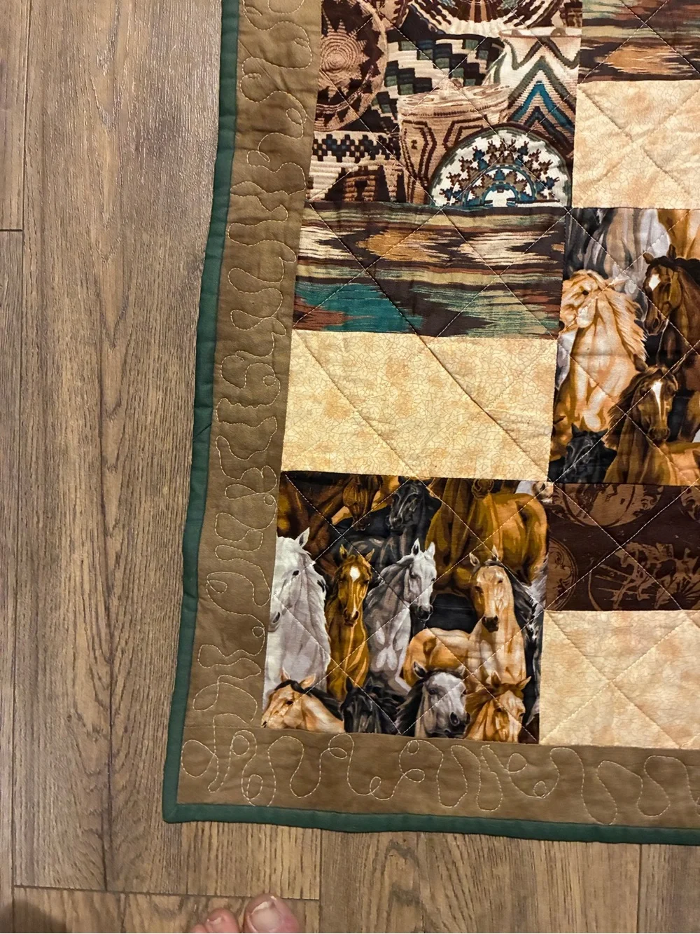 Handmade Western Patchwork Quilt in Brown, Cream & Teal 61” x42”